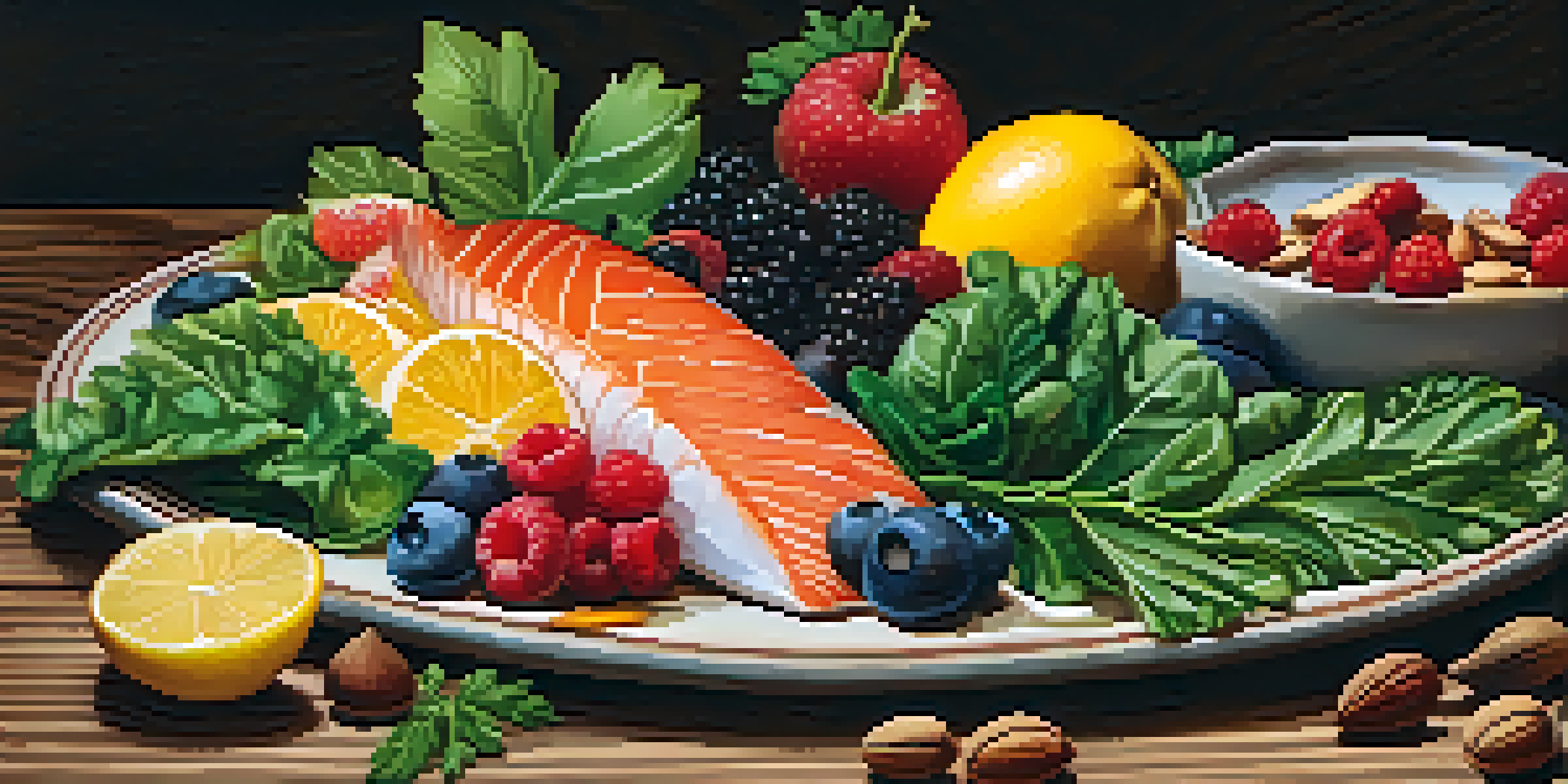 A plate filled with fatty fish, leafy greens, nuts, and berries, showcasing vibrant colors and textures on a rustic wooden table.