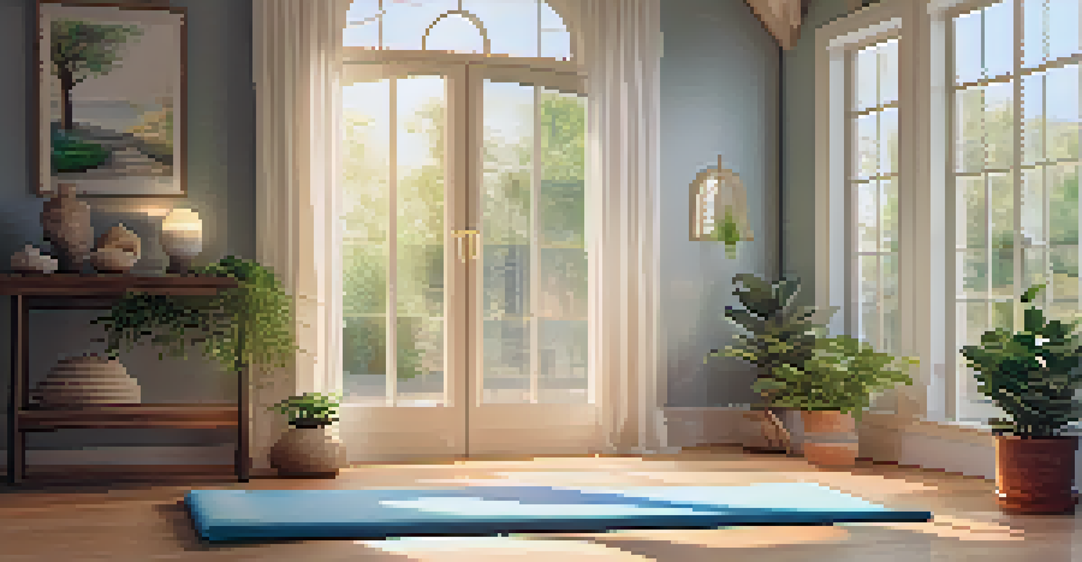 A peaceful meditation space with a plush yoga mat, candles, and sunlight streaming through a window.