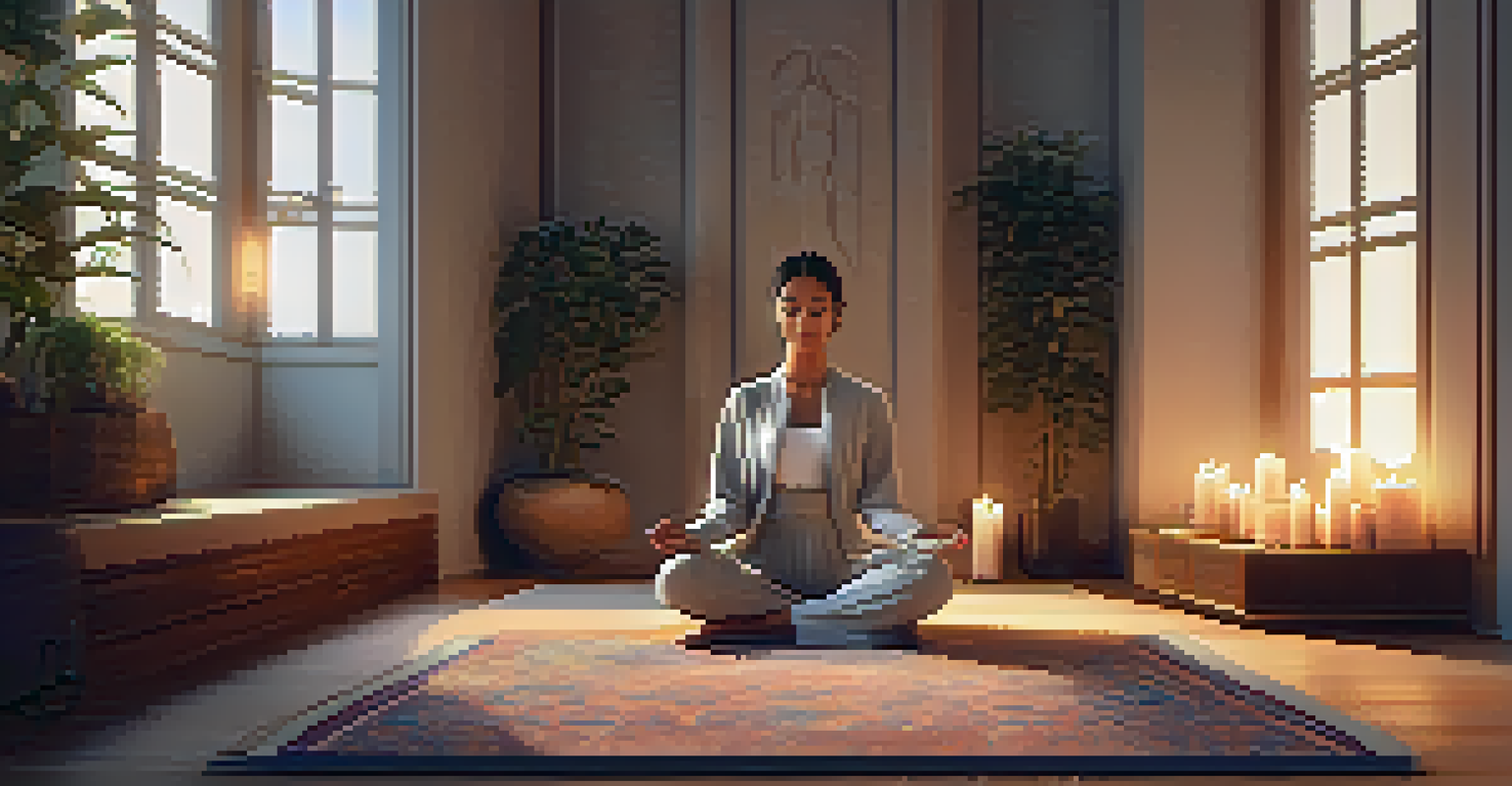 An indoor meditation space with a person sitting cross-legged on cushions, practicing body scan meditation in a softly lit room.