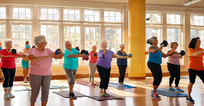 A lively group of seniors exercising together in a gym, with sunlight pouring in through windows and colorful decorations.
