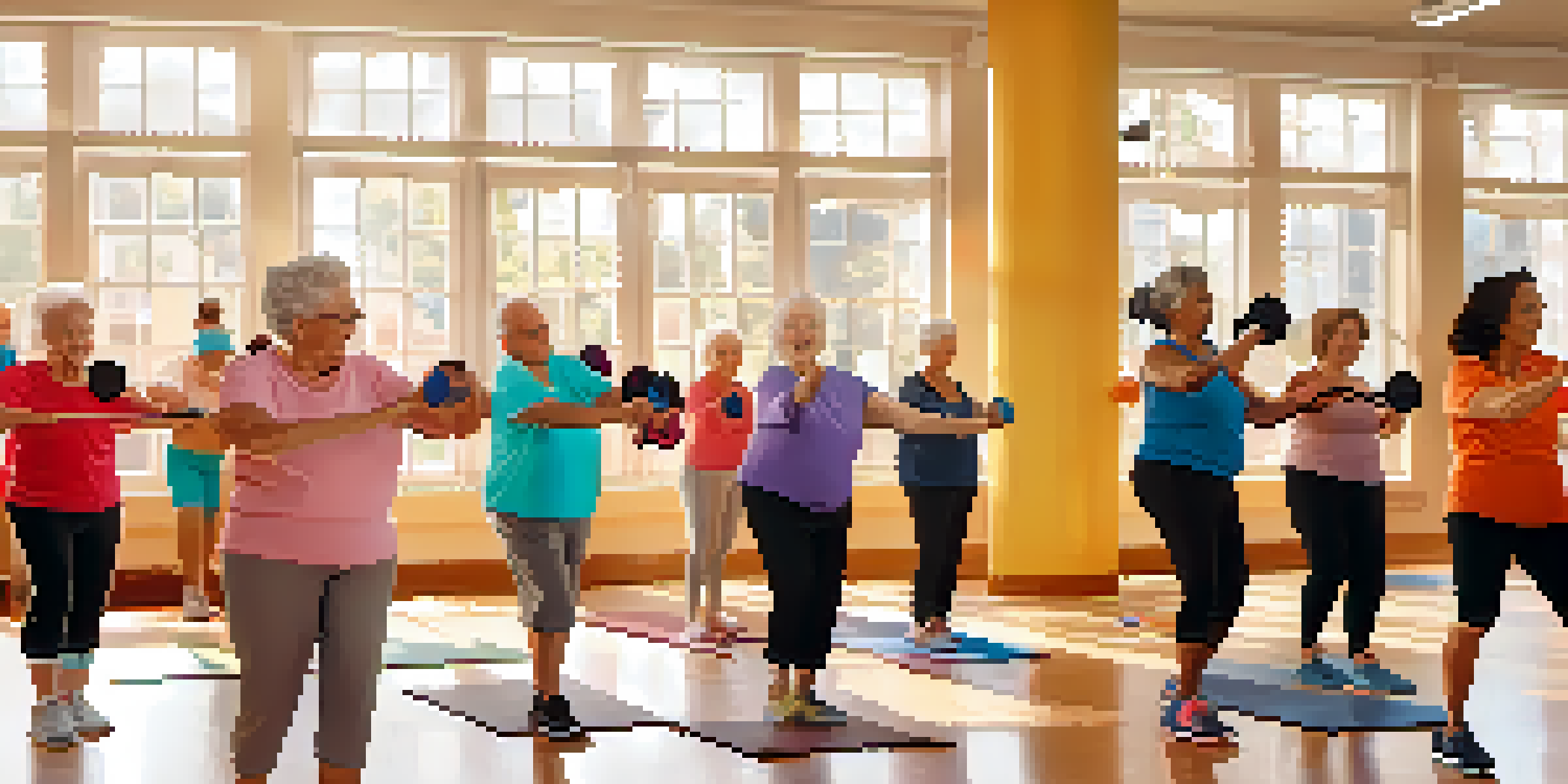 A lively group of seniors exercising together in a gym, with sunlight pouring in through windows and colorful decorations.