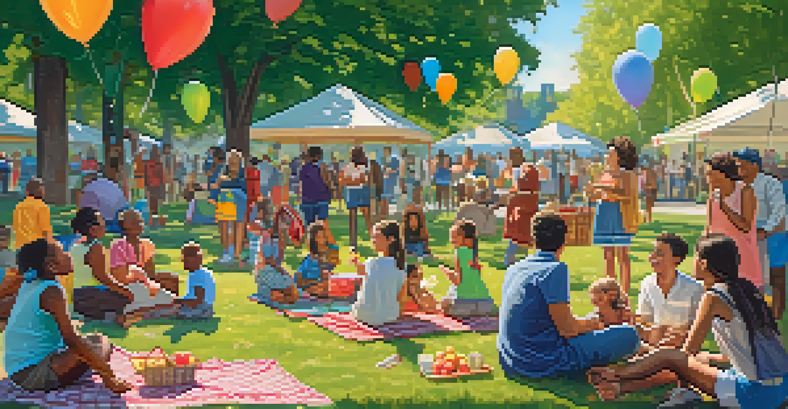 A lively summer picnic in a park with diverse people enjoying food and activities, surrounded by colorful decorations and a sunny atmosphere.