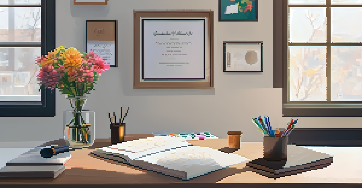 A bright workspace with an open gratitude journal, colorful pens, fresh flowers, and a framed quote on the wall.