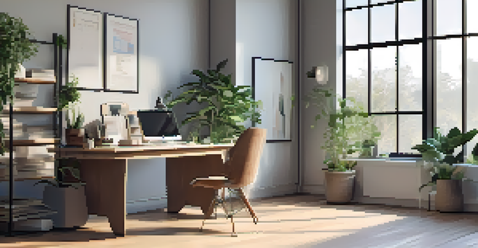 An organized office space with natural light, plants, and a desk featuring a laptop and coffee cup, representing work-life balance.