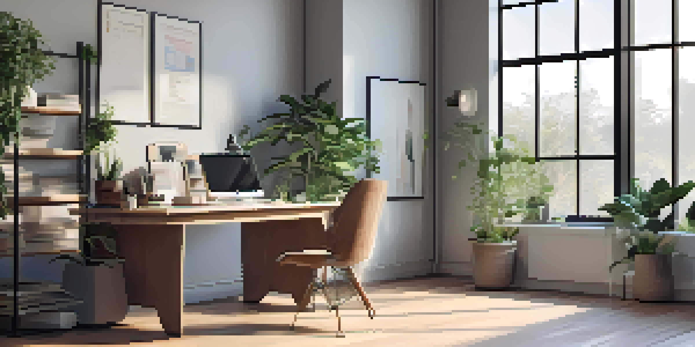 An organized office space with natural light, plants, and a desk featuring a laptop and coffee cup, representing work-life balance.