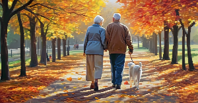 An elderly couple walking hand-in-hand in a park filled with autumn leaves, radiating happiness and connection.