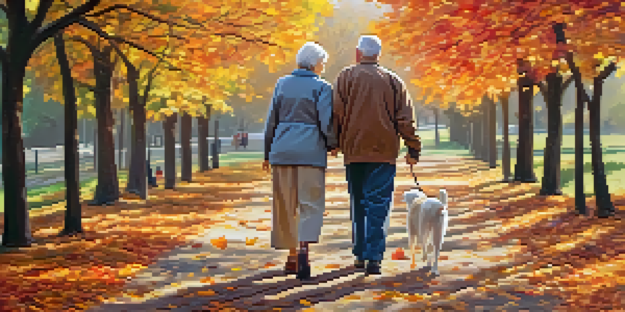 An elderly couple walking hand-in-hand in a park filled with autumn leaves, radiating happiness and connection.