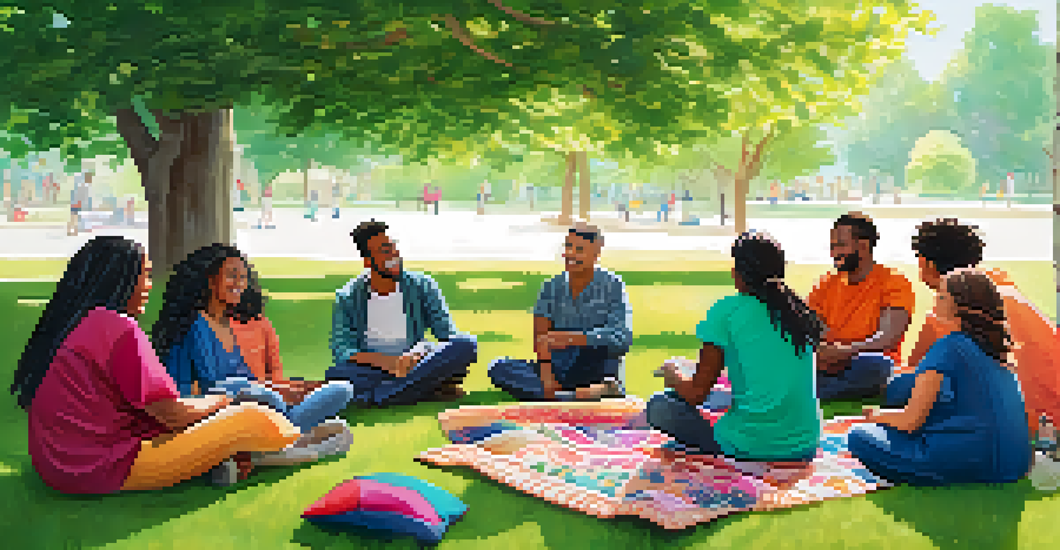 A diverse group of people sitting in a circle on the grass in a park, engaged in a supportive group therapy session.