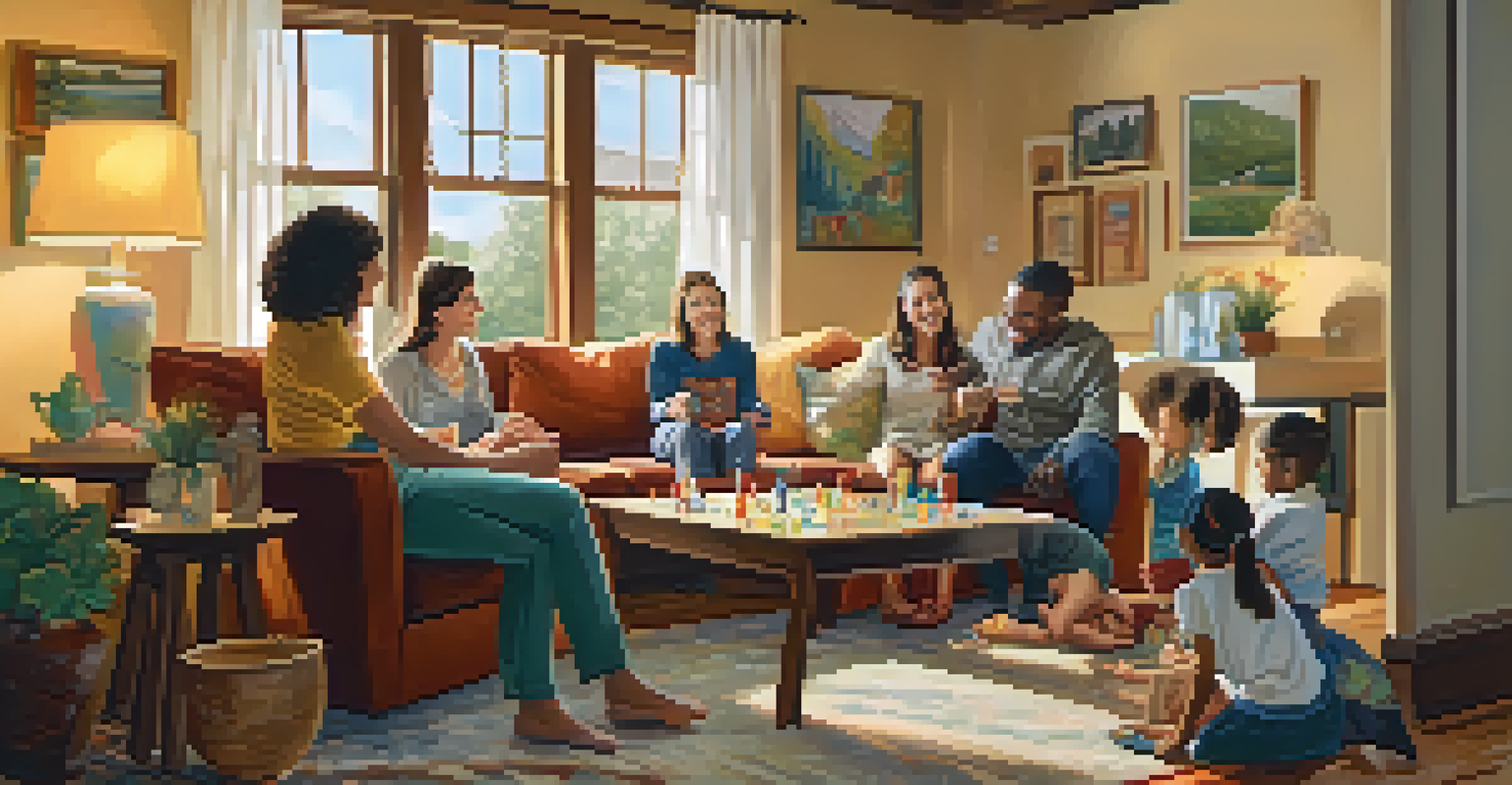 A joyful family gathering in a cozy living room, playing games and enjoying time together, showcasing the importance of personal relationships.