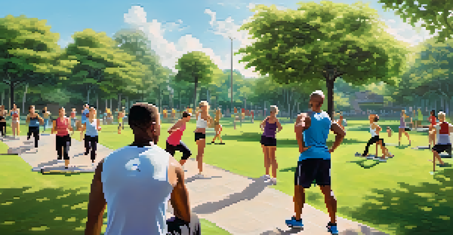 A health coach leading a fitness session in a park with clients exercising and greenery in the background.