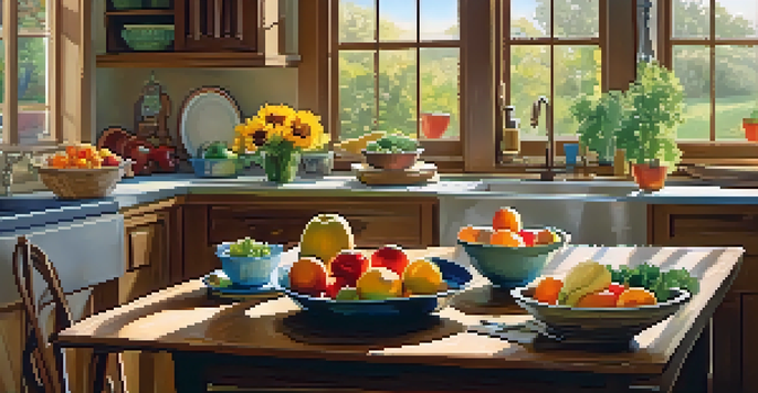 A cozy kitchen with a wooden table filled with fresh fruits and vegetables, illuminated by soft natural light.
