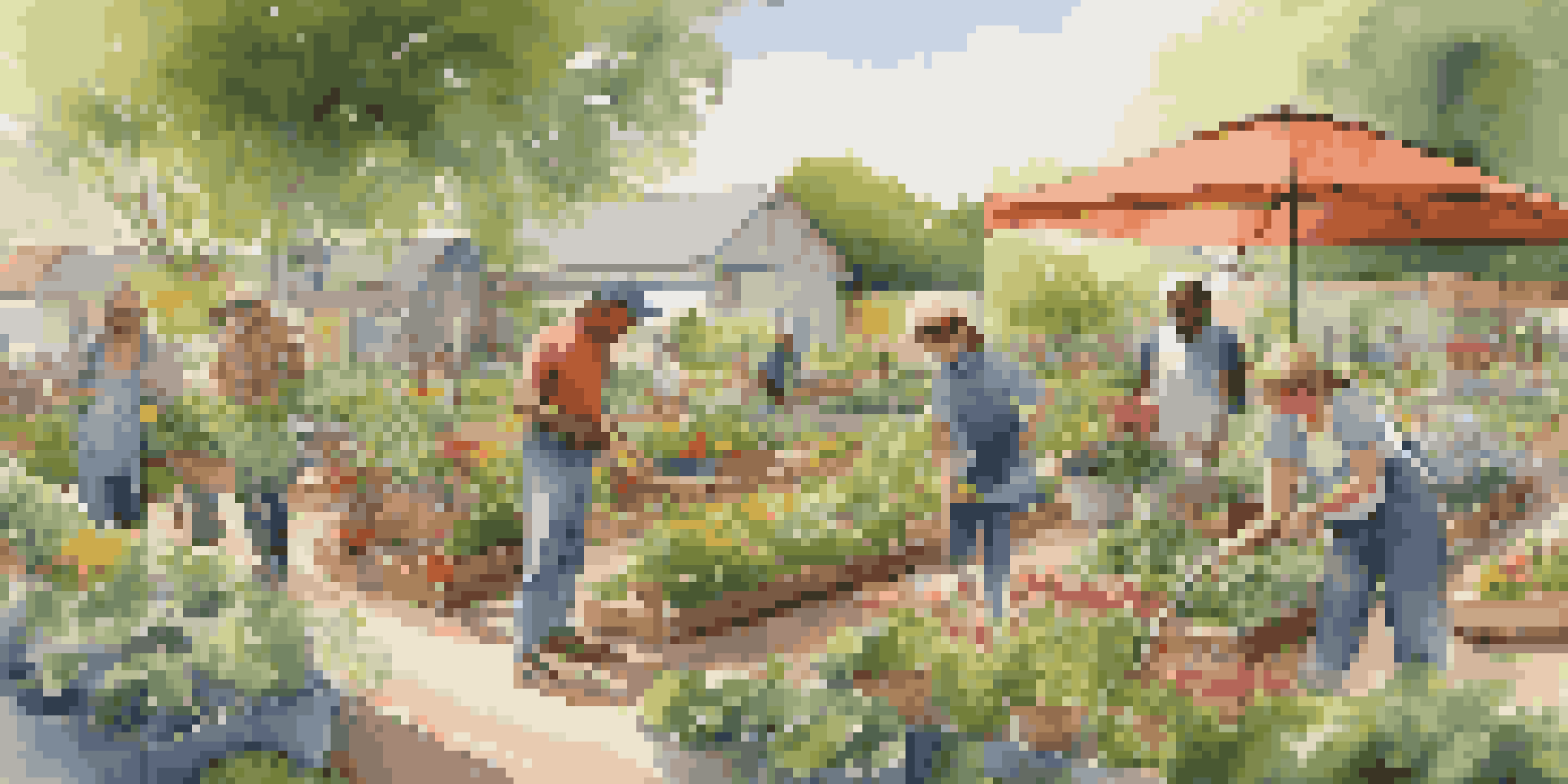 A lively community garden where diverse people are planting and tending to various plants under soft sunlight.