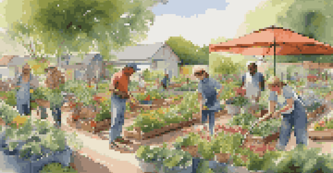 A lively community garden where diverse people are planting and tending to various plants under soft sunlight.