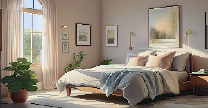 A peaceful bedroom with a neatly made bed, soft linens, a plant, and sunlight filtering through sheer curtains.