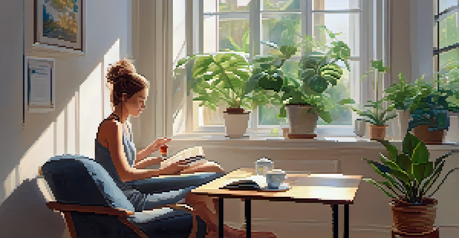A young adult in a bright indoor setting, using a light therapy box while sitting comfortably with a book and a cup of tea, surrounded by indoor plants.