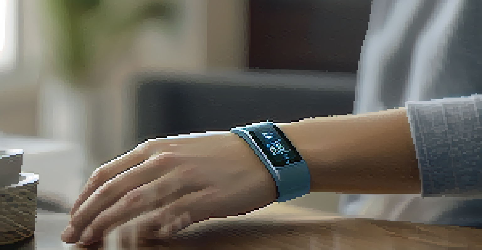 A patient wearing a health monitoring device on their wrist, with a modern living room in the background.