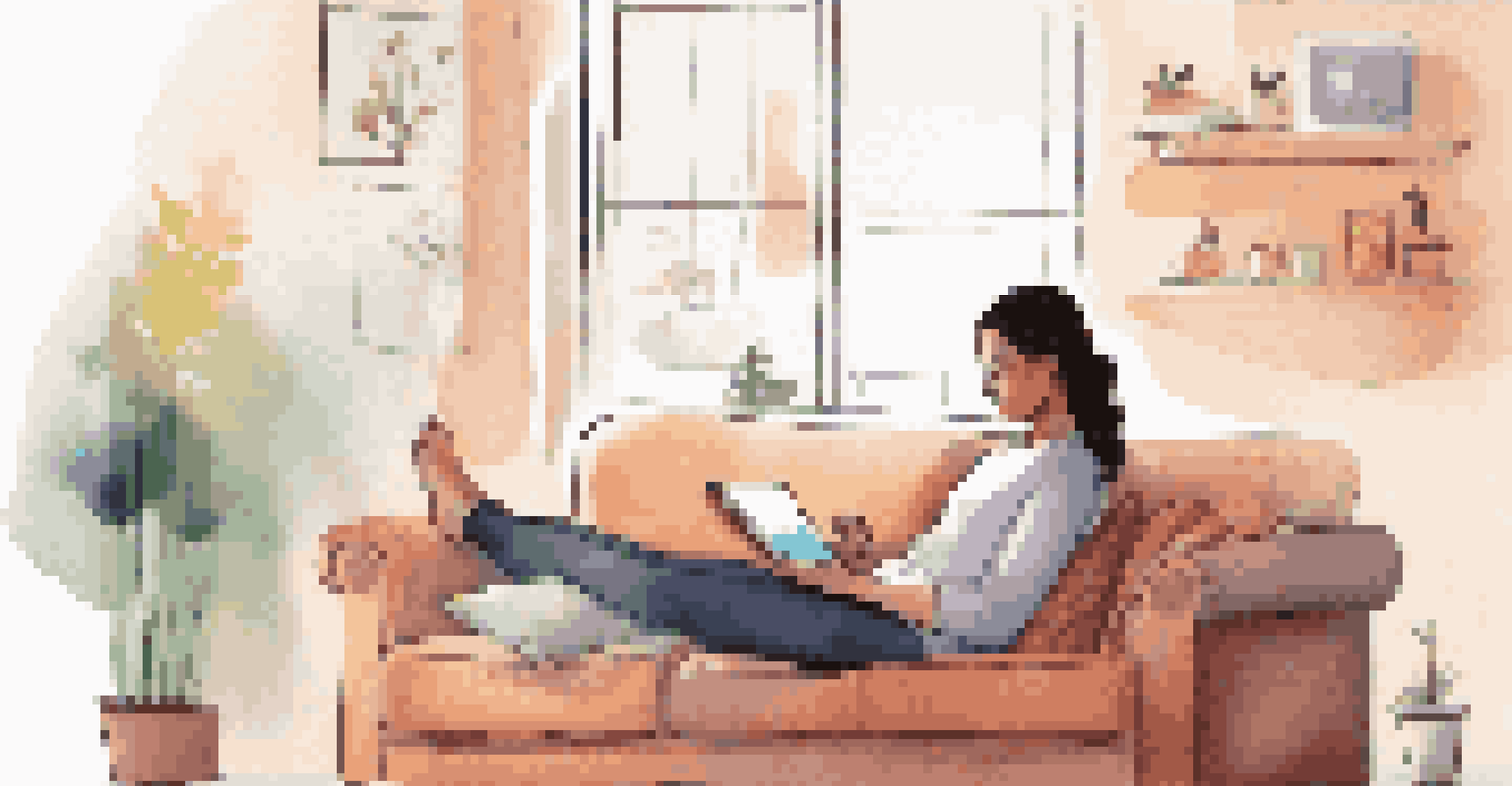 A person tracking their chronic pain symptoms on a mobile app while seated on a couch with a notebook and tea.
