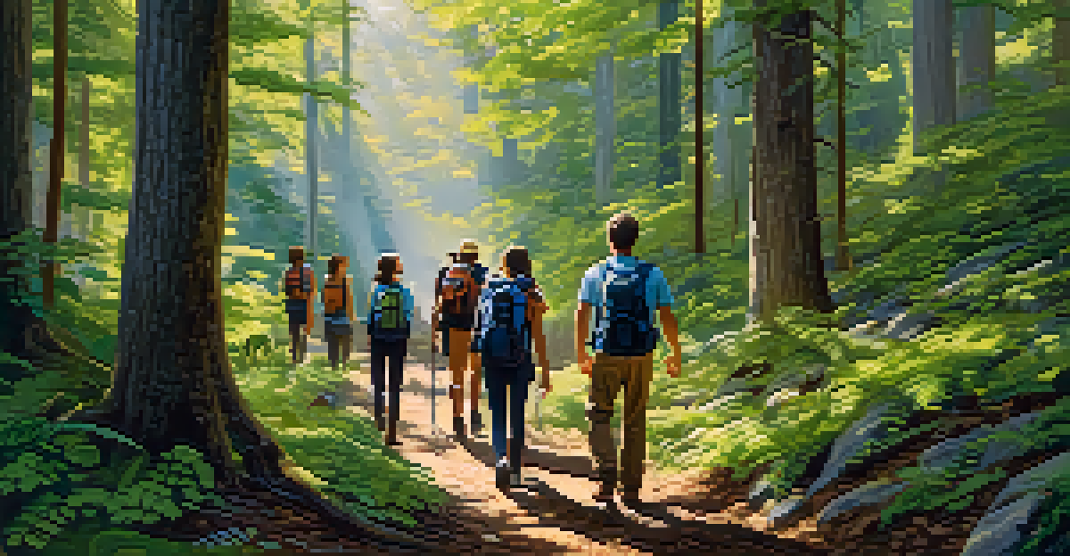 A group of smiling individuals hiking through a dense forest during a wilderness therapy session, with sunlight filtering through the trees.