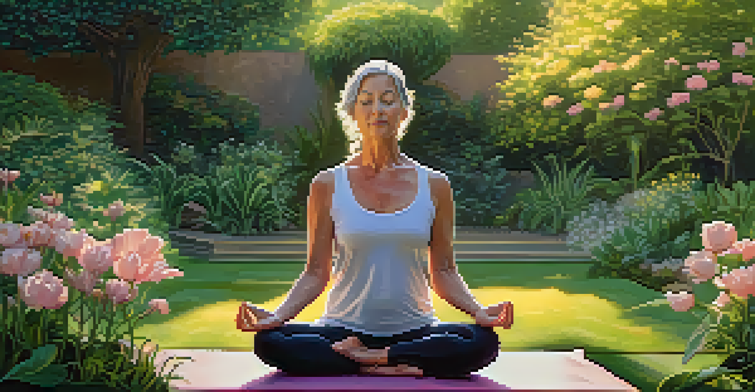 A middle-aged woman practicing yoga in a lush garden at sunrise, surrounded by blooming flowers and greenery, looking peaceful.