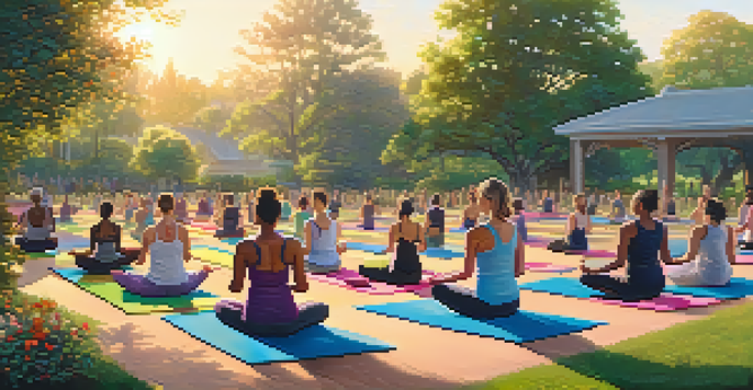 A diverse group of people practicing yoga outdoors during sunrise, surrounded by nature with flowers and trees.