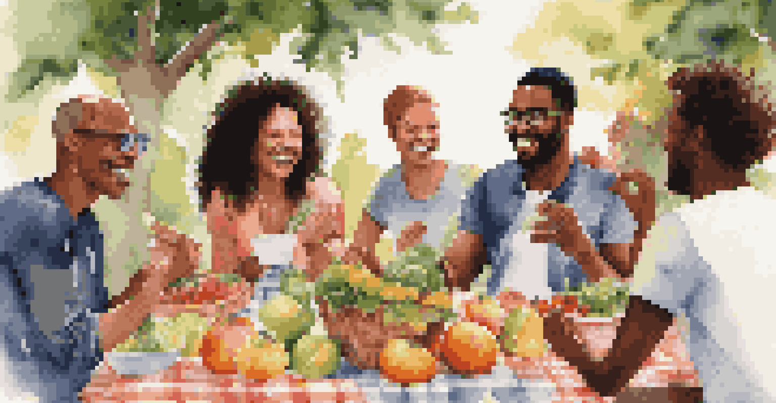 A diverse group of friends having a healthy picnic, sharing fruits and vegetables, with a bright and cheerful atmosphere in a park.