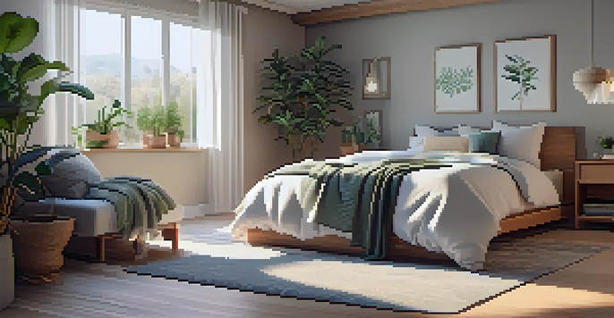 A peaceful bedroom with a comfortable bed, soft lighting, and calming decor.