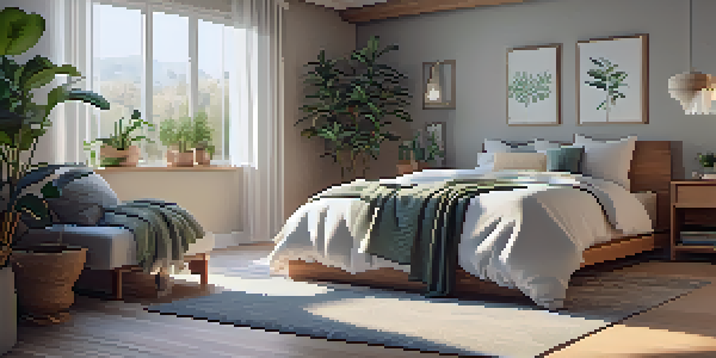 A peaceful bedroom with a comfortable bed, soft lighting, and calming decor.