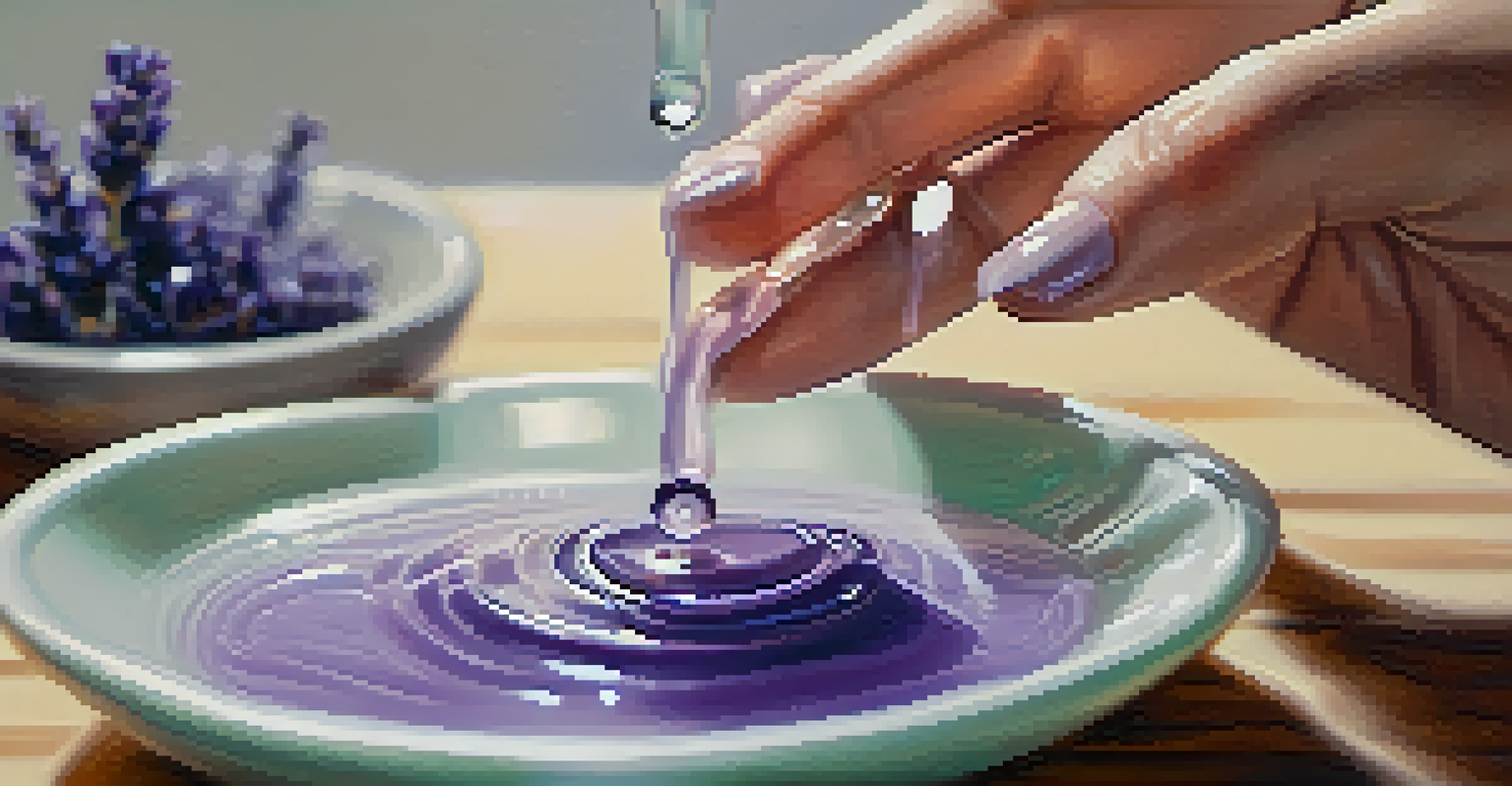 A close-up of a hand adding essential oils to a bowl in a softly lit bathroom setting.