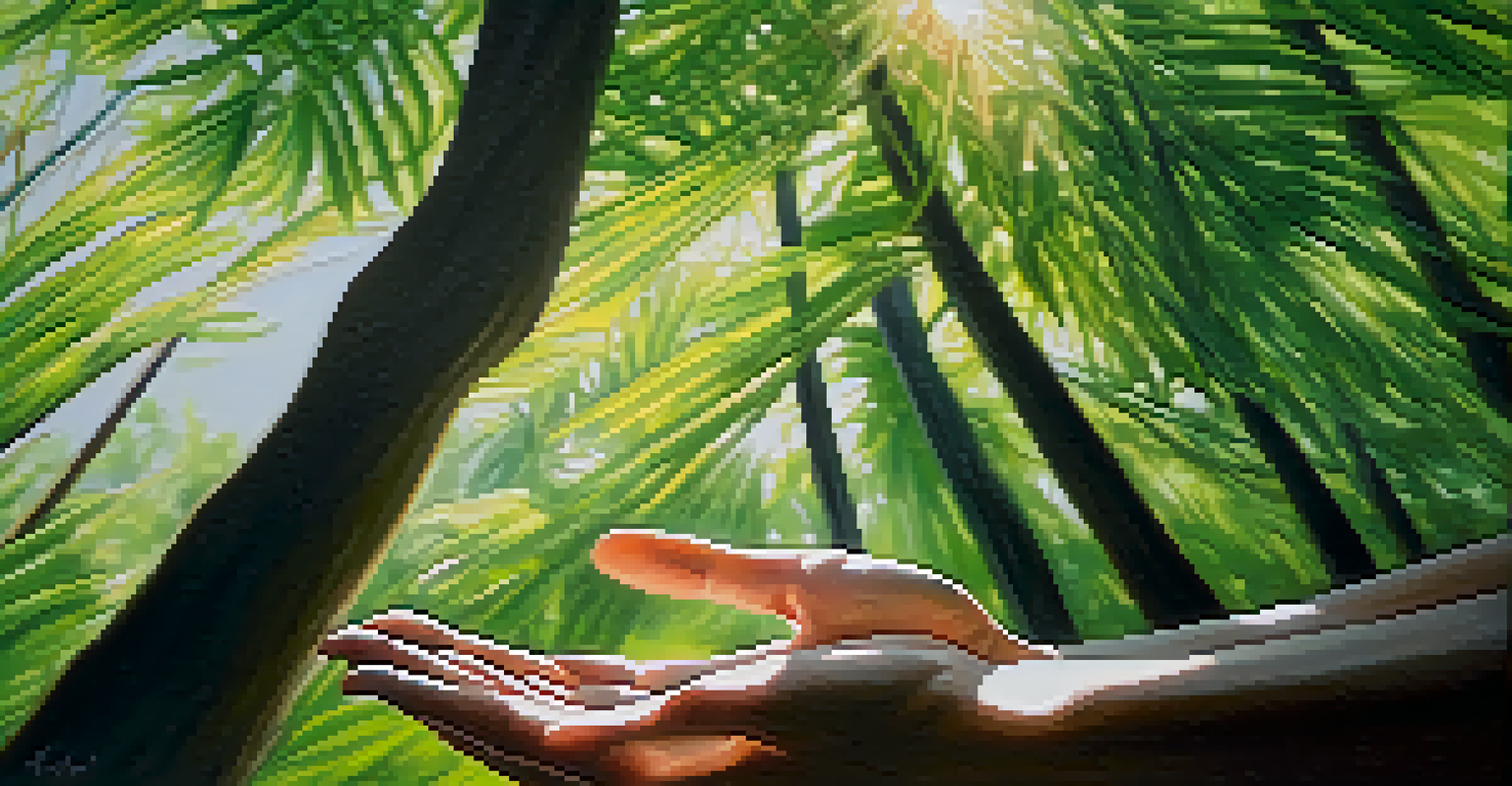A close-up of hands in a meditative gesture, surrounded by nature with soft sunlight filtering through leaves.