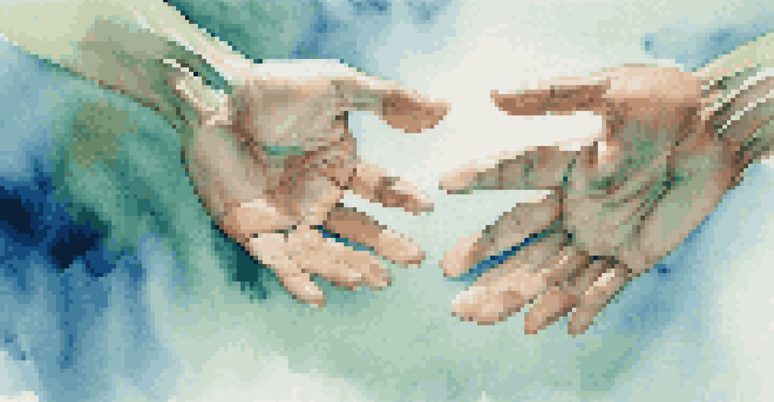 A close-up of hands performing a Qigong movement against a soft watercolor background in blue and green, highlighting graceful energy flow.