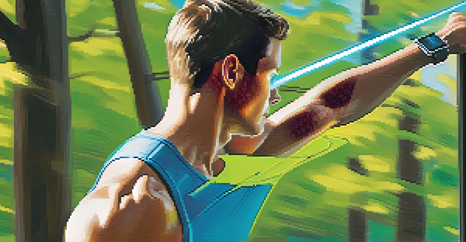 An athlete is jogging outdoors while wearing a modern portable electrotherapy device on their arm, set against a scenic park background.