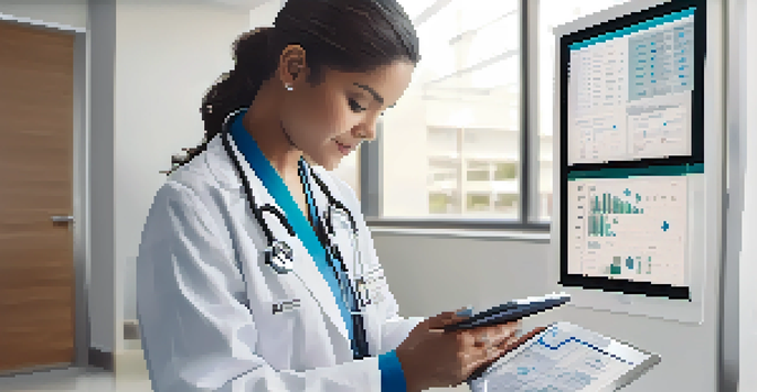 A healthcare professional accessing digital health records on a tablet in a bright clinic with medical equipment visible.