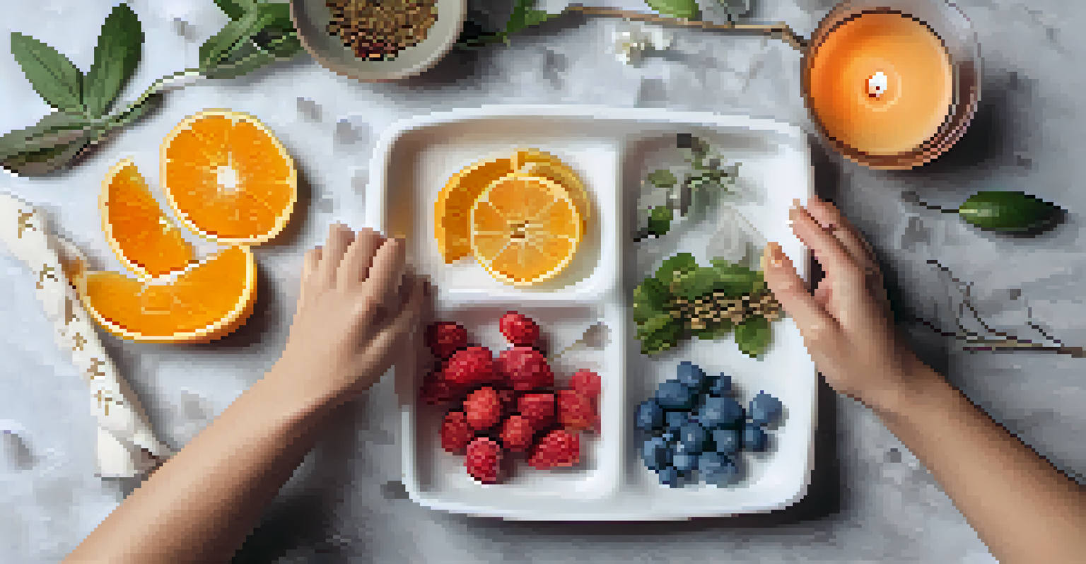 A close-up of hands engaging in mindfulness by touching colorful stones, herbs, fabrics, candles, and fruit.