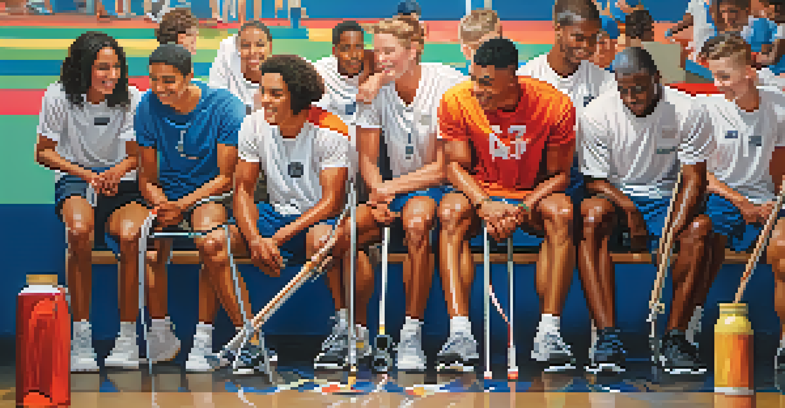 An athlete with crutches receiving support from teammates in a vibrant gymnasium.