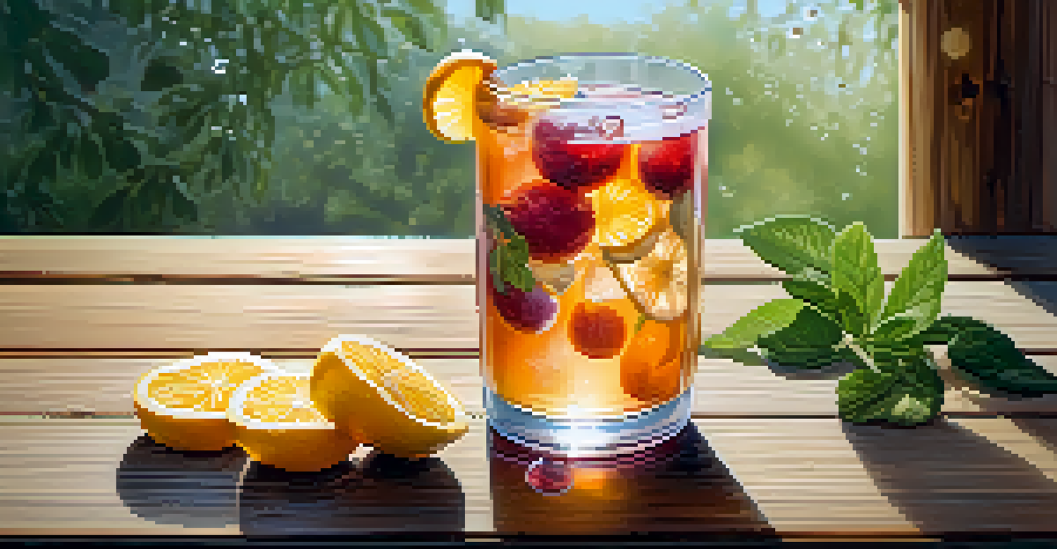 A glass of kombucha with fruit slices on a wooden table, illuminated by sunlight.