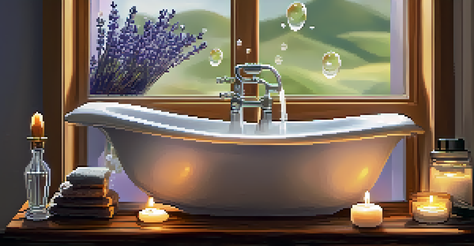 A cozy bathroom with a bubble-filled bath, lavender oil, flickering candle, and essential oil bottles on a shelf, all in warm lighting.