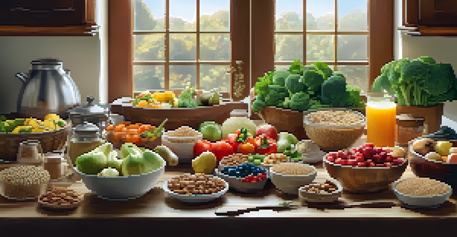 A variety of healthy foods including fruits, vegetables, and nuts displayed on a wooden table in a cozy kitchen.