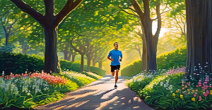 A man jogging in a green park at sunrise, surrounded by flowers and trees with sunlight filtering through the leaves.