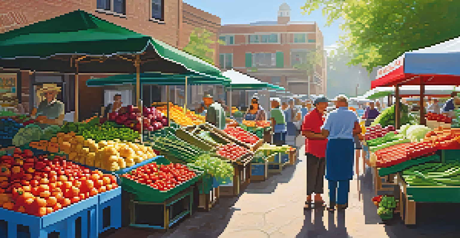 A farmers' market with fresh vegetables and a vendor interacting with customers, all under a sunny canopy.