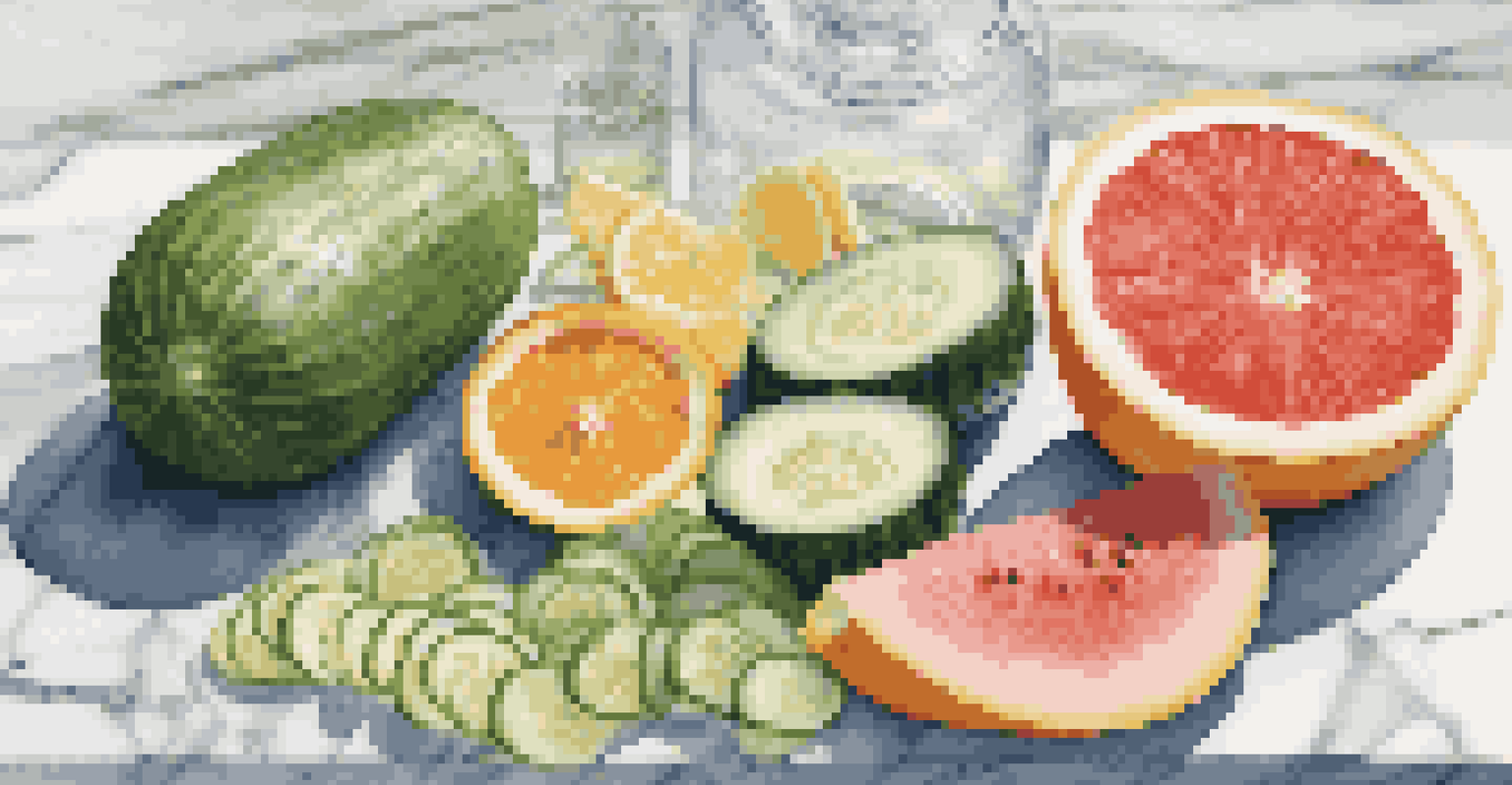 An arrangement of hydration-rich foods like cucumbers and watermelon with a glass of water on a marble countertop.