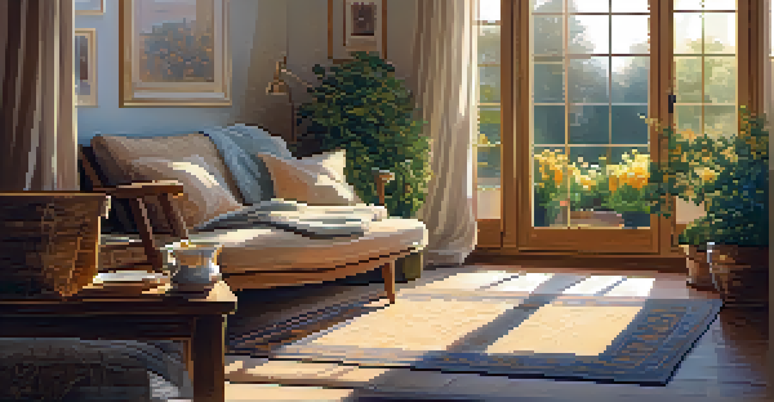 A cozy room with a view of a garden, featuring an armchair, cushions, a cup of tea, and warm lighting.