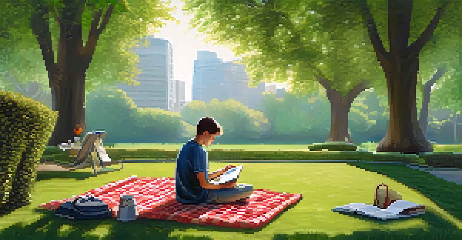 A person relaxing in a park without electronic devices, reading a book on a picnic blanket surrounded by trees, embodying a digital detox.