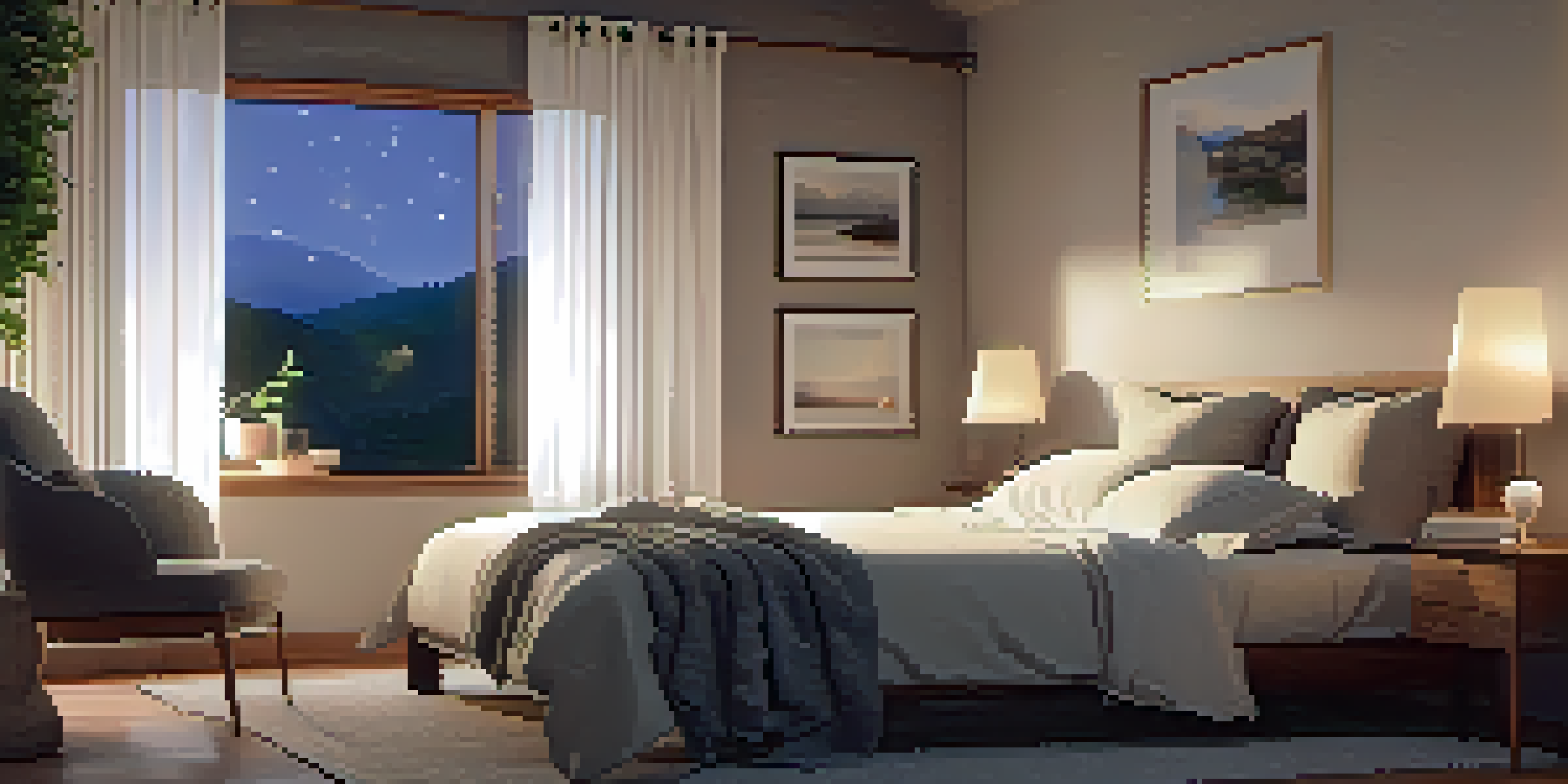 A cozy bedroom with a neatly made bed, warm lighting, and a window showing a starry night sky, complemented by a bedside table with books and tea.