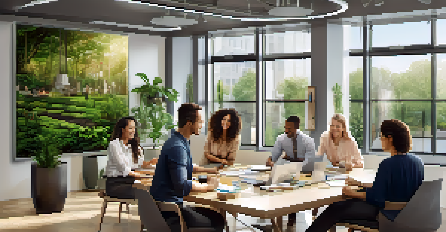 A diverse group of employees collaborating in a bright office space filled with natural light and greenery.