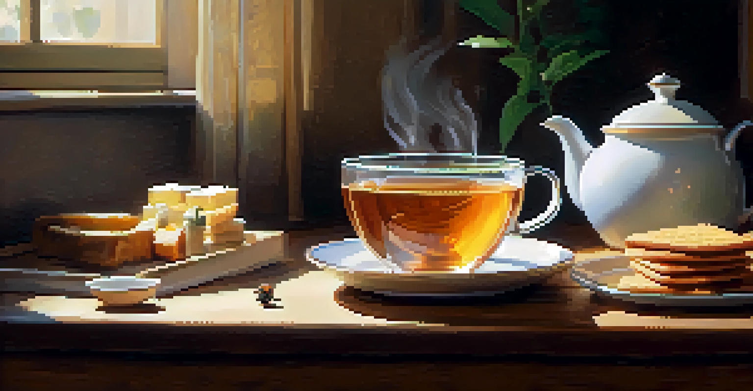 A cozy tea setup with chamomile tea and light snacks on a wooden table, illuminated by warm lighting, promoting a relaxing bedtime routine.