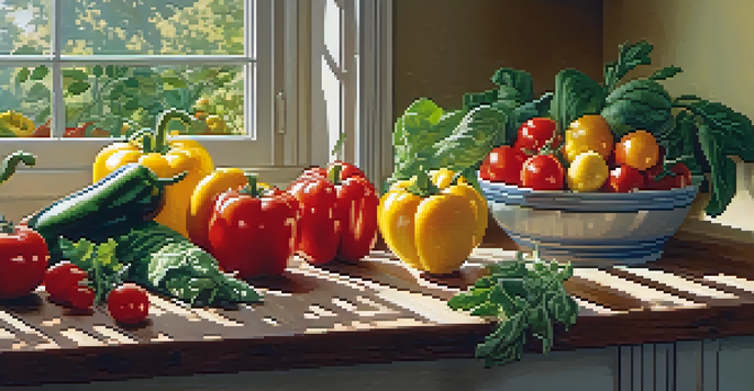 A colorful array of fresh fruits and vegetables on a wooden countertop in a sunlit kitchen.