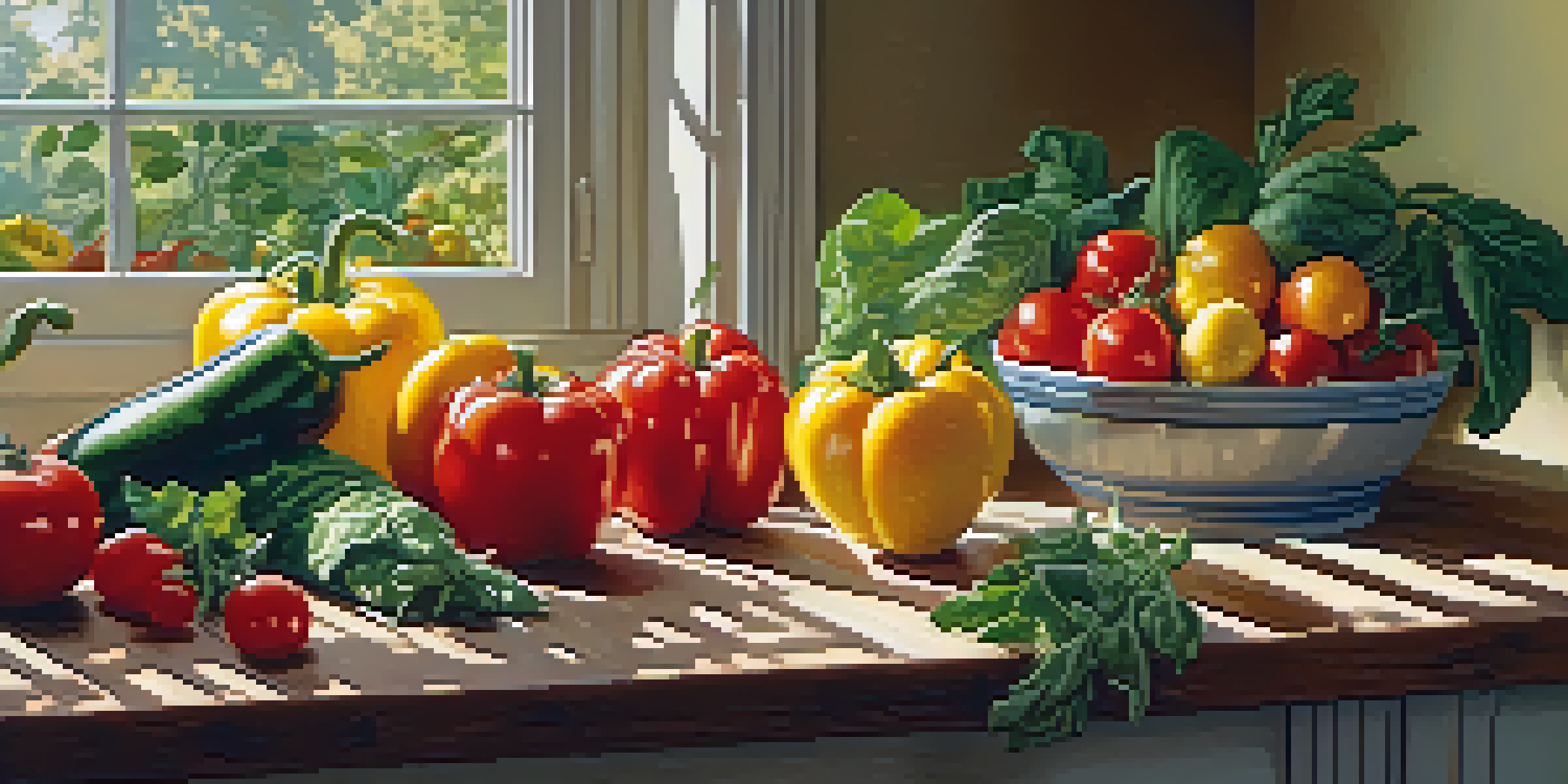 A colorful array of fresh fruits and vegetables on a wooden countertop in a sunlit kitchen.