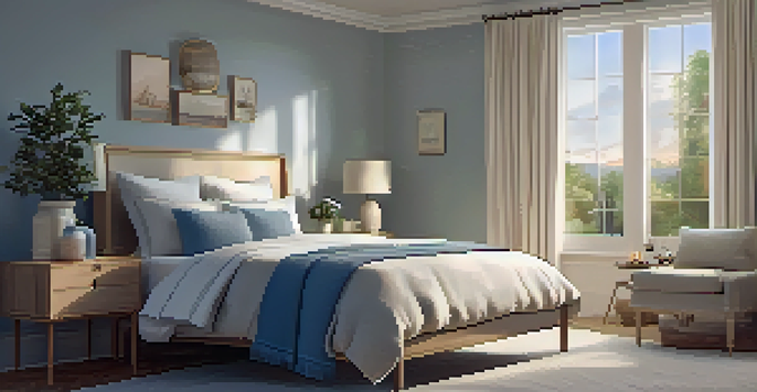 A cozy bedroom at dusk with a soft bed and warm lighting, featuring a gently fluttering curtain and a garden view.