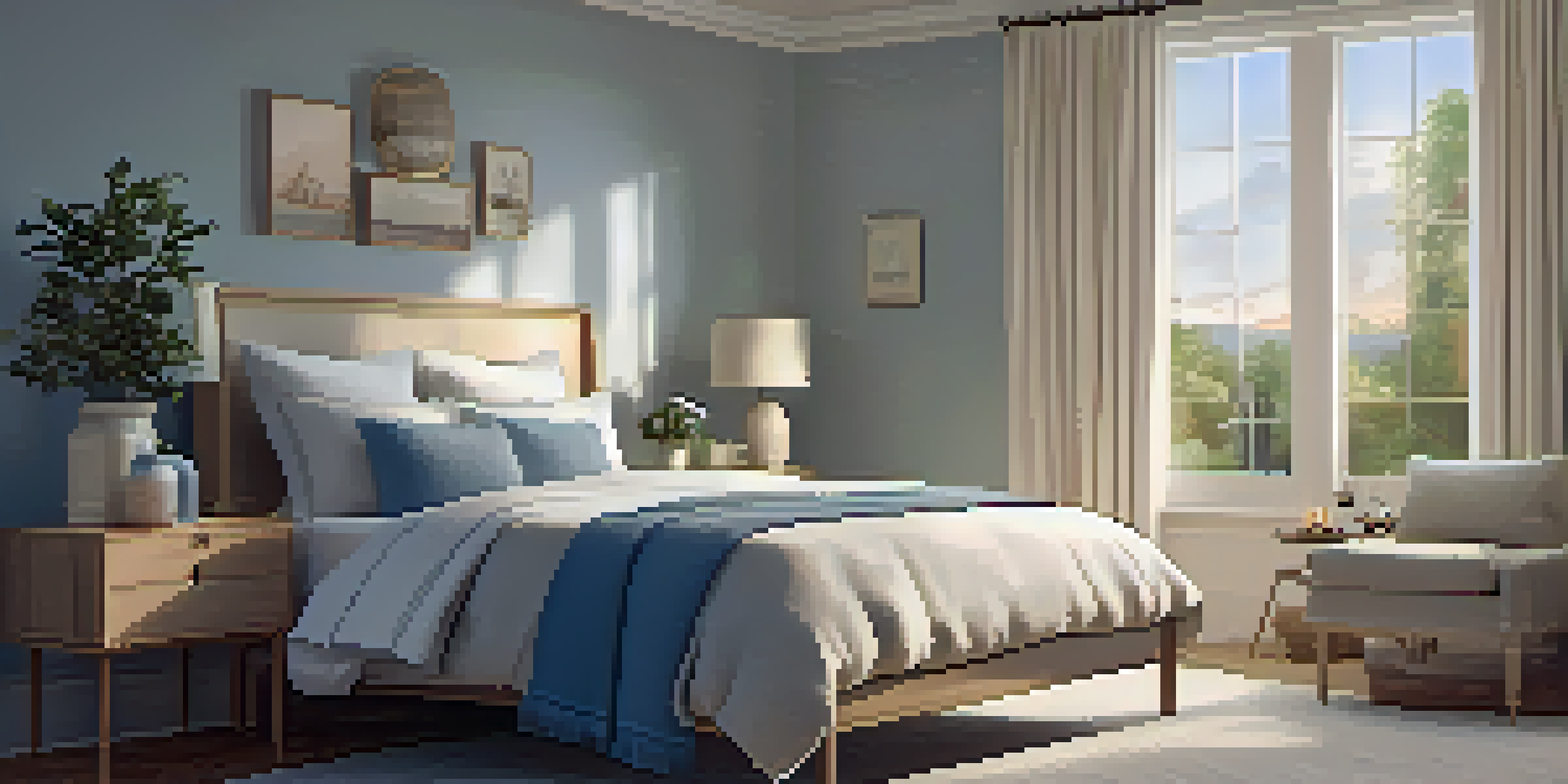 A cozy bedroom at dusk with a soft bed and warm lighting, featuring a gently fluttering curtain and a garden view.