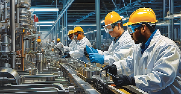 A diverse group of workers in a manufacturing setting wearing personal protective equipment, with machinery and safety signage in the background.